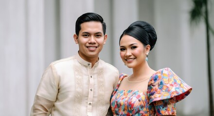 Smiling young asian couple in traditional attire, celebrating cultural heritage at outdoor event