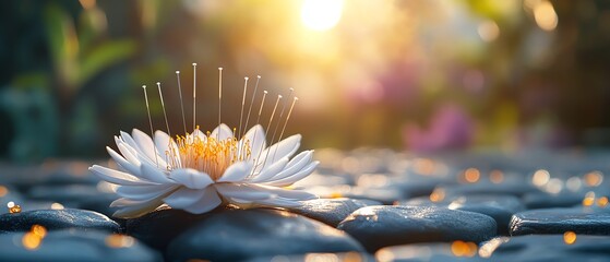 A calming acupuncture session with needles in place, promoting relaxation and wellness, peaceful environment, serene background, highly detailed, 8K