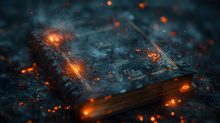 Ancient book engulfed in magical fire and embers.