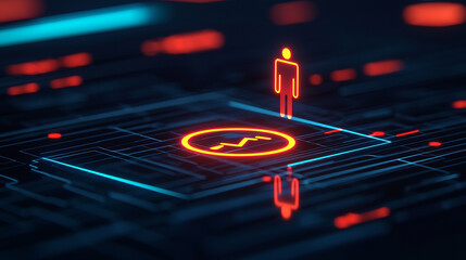 glowing red icon of person and chart symbol on futuristic digital interface, symbolizing data analysis and human interaction