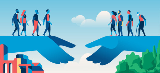 Vector illustration of two giant hands supporting people walking toward each other, symbolizing connection, teamwork, cooperation, and bridging gaps.
