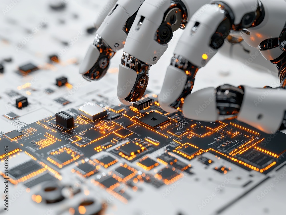 Poster robotic hand interacting with a circuit board, showcasing technology integration.
