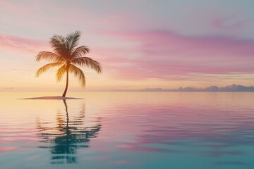Sunset reflection of a palm tree on tranquil waters tropical island nature photography serene environment aesthetic view
