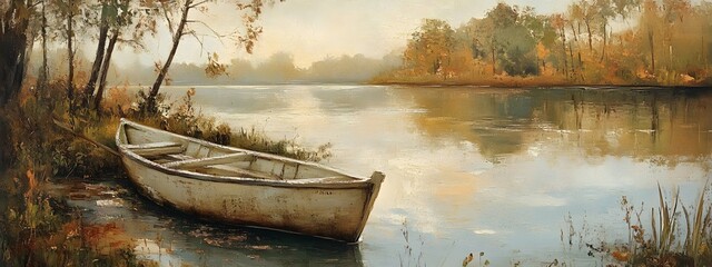 A vintage oil painting of an old rowboat on the river bank, surrounded by trees and grassy areas with some farm buildings in the background
