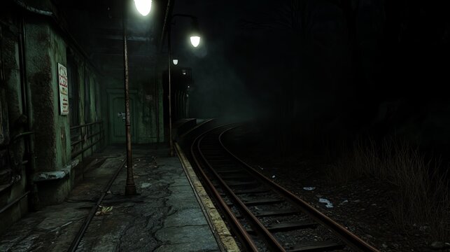 A lonely, deserted train station platform bathed in the dim glow of streetlights. The dark, foggy night creates a sense of mystery.