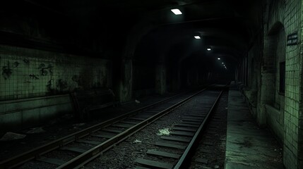 A dark and eerie abandoned subway tunnel with graffiti on the walls and a single track in the center.