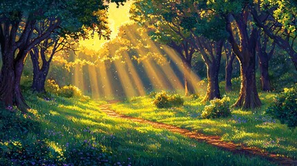 Obraz premium A picturesque woodland landscape illuminated by the sun's rays at golden hour.