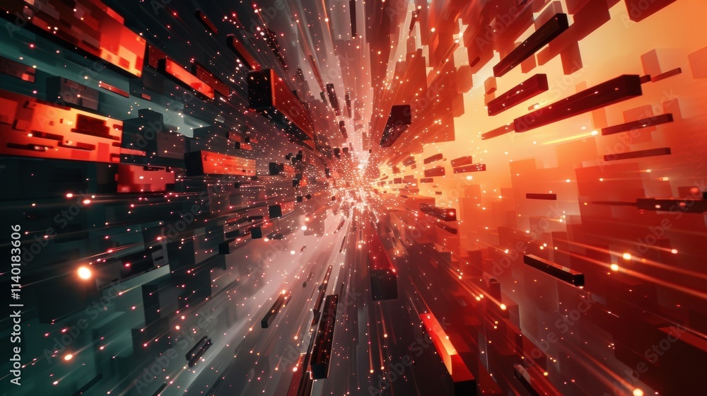 Poster flowing big data creates vibrant light trails and particles, forming a dynamic visualization of digi