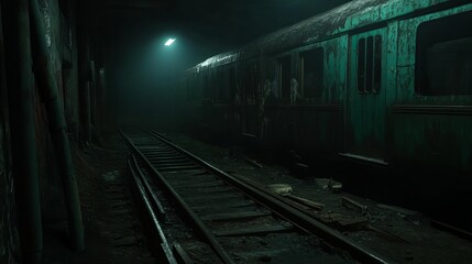 Naklejka premium A lone train car sits on the tracks in a dark and abandoned tunnel, illuminated by a single light above.