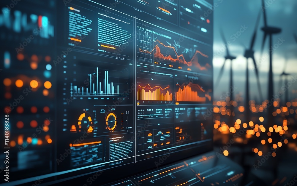 Fototapete A futuristic digital dashboard displaying realtime analytics and wind energy data visualizations, sleek UI, vibrant colors, hightech design, 4K resolution