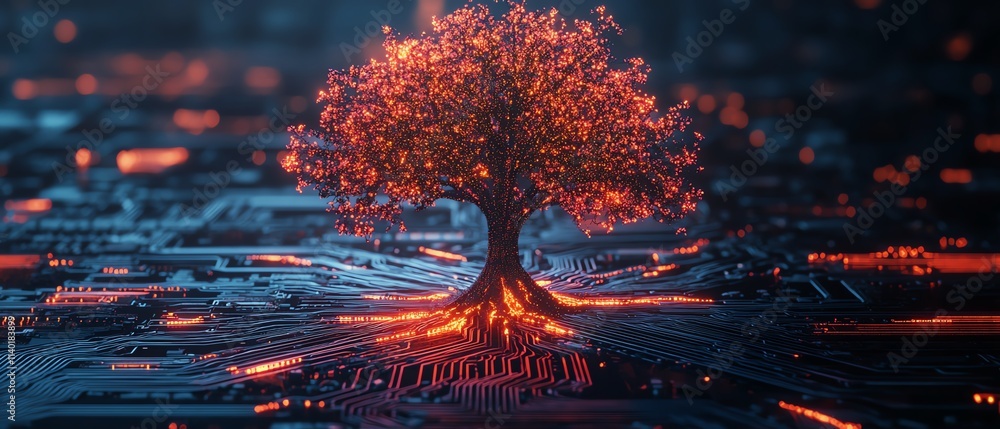 Poster a futuristic digital tree with glowing neon branches, rooted on a detailed circuit board, symbolizin