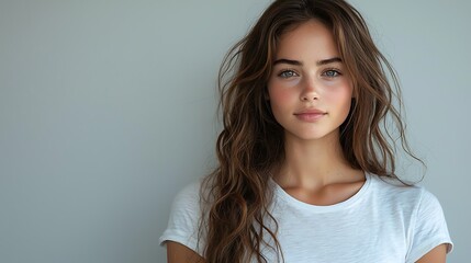 Isolated white background, plain t-shirt, casual wear, female model, clean layout 