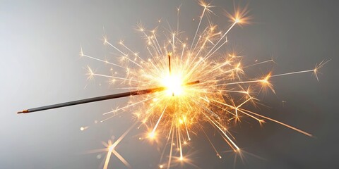 Obraz premium A brightly lit handheld firework sparkler with glowing embers and trails against a neutral background