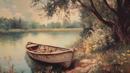 A vintage oil painting of an old rowboat on the river bank, surrounded by trees and grassy areas with some farm buildings in the background