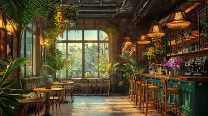 Fototapeta premium Cozy caf? interior with plants, bar, and natural light, inviting relaxation and socializing.