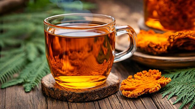 Warm herbal tea in a glass cup with chaga mushrooms on a wooden table surrounded by greenery