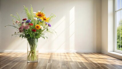 Vibrant Summer Bouquet in Glass Vase on Hardwood Floor by Sunlit Window