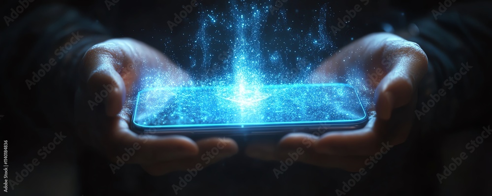 Fototapete a glowing holographic ai assistant projected from a phone, blending artificial intelligence with a m