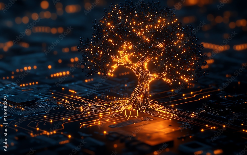Aufkleber a glowing tree of technology with intricate branches, embedded on a metallic circuit board, highligh