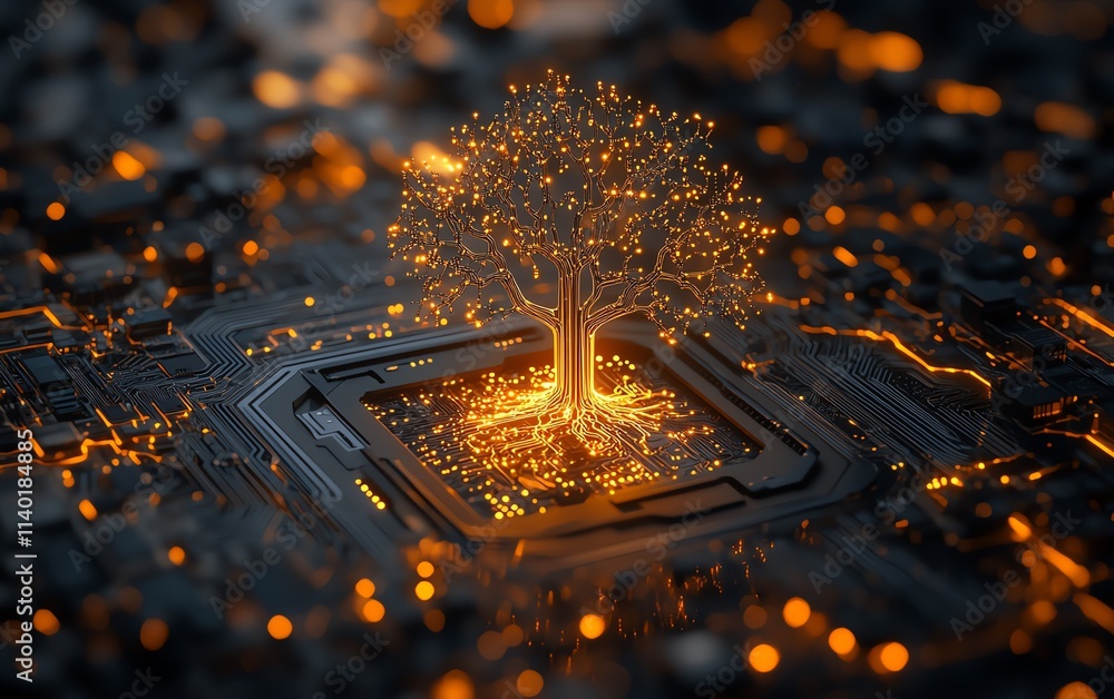 Aufkleber a glowing tree of technology with intricate branches, embedded on a metallic circuit board, highligh