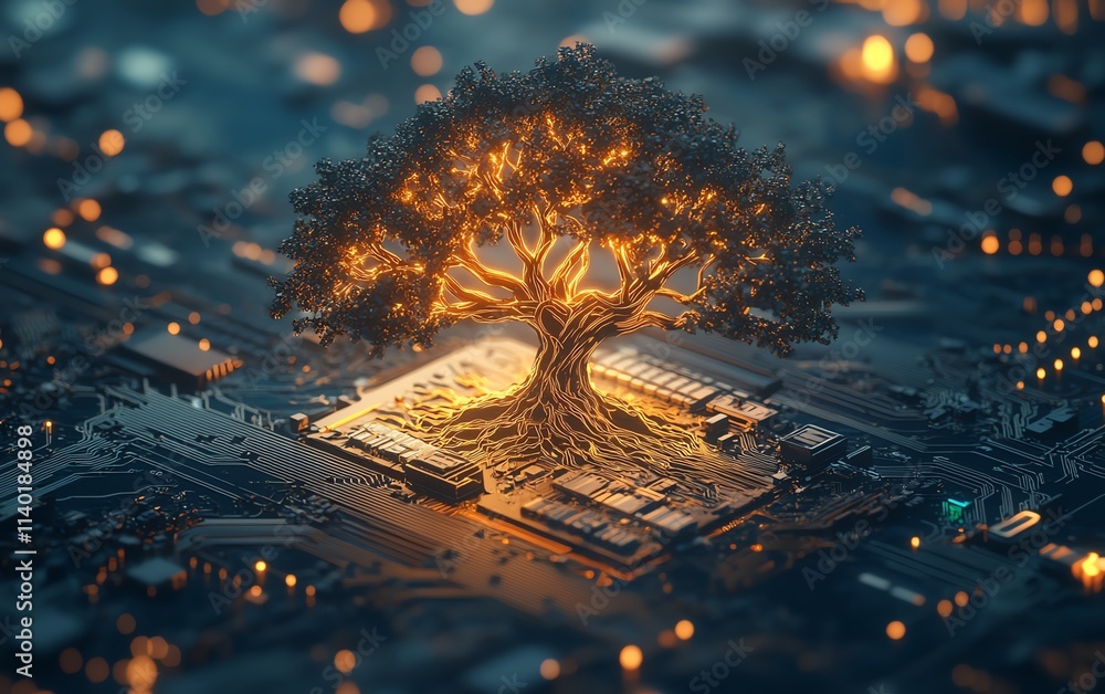 Aufkleber a glowing tree of technology with intricate branches, embedded on a metallic circuit board, highligh