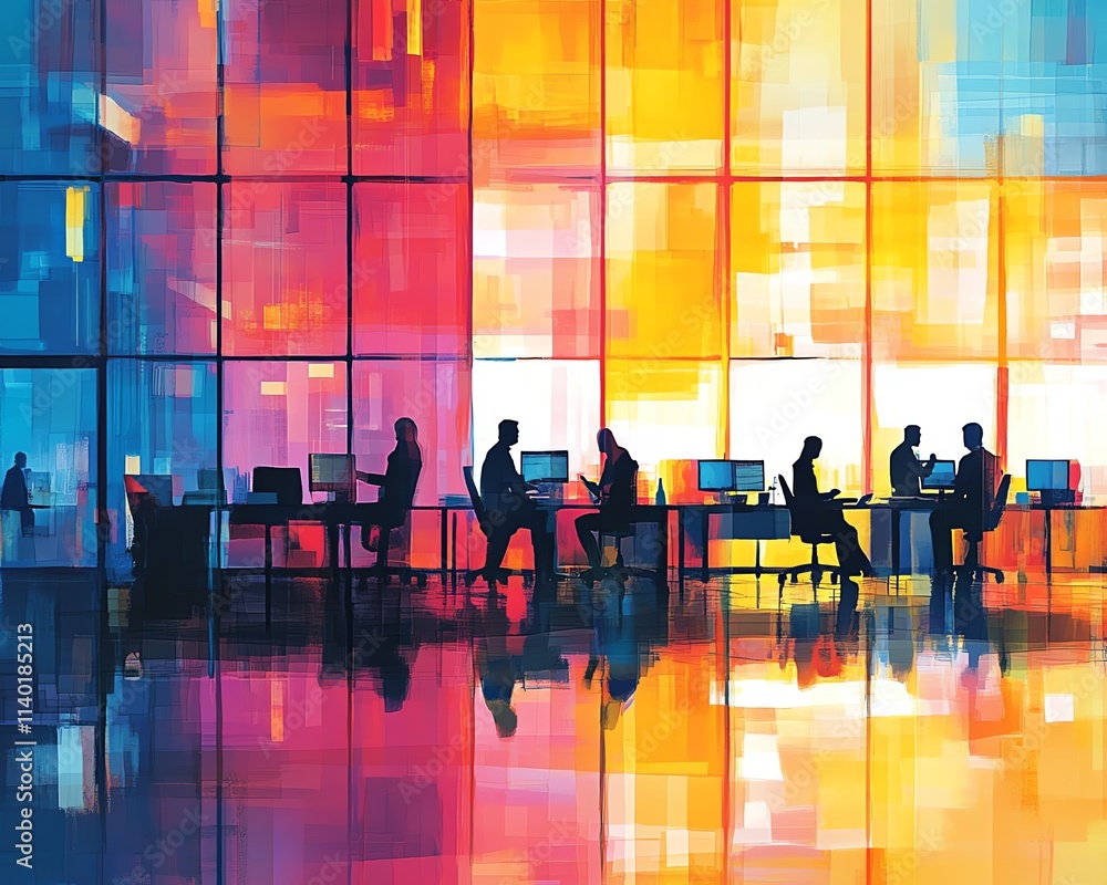 Aufkleber a group of professionals in an office environment working together on a project, teamwork and synerg