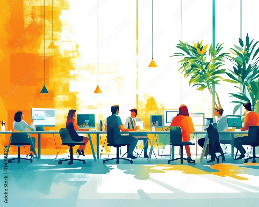 Poster a group of professionals in an office environment working together on a project, teamwork and synerg