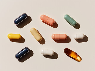 Colorful Pills Arranged in Minimalist Layout on Neutral Background
