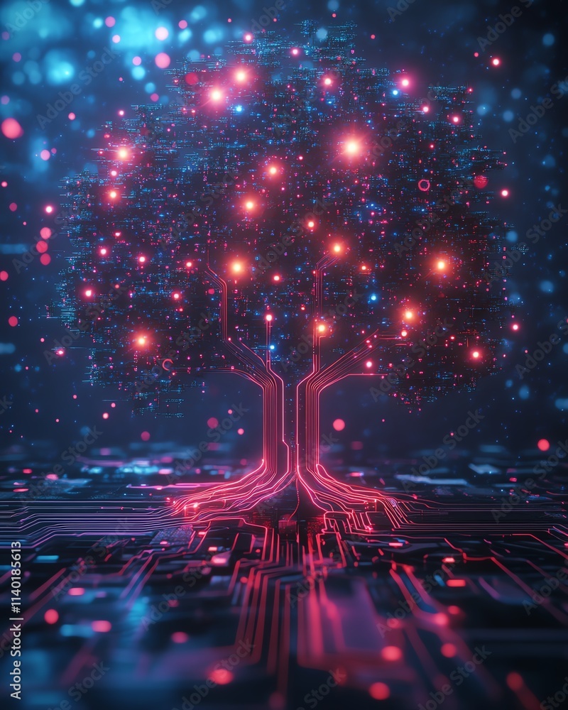 Poster a luminous digital tree with pulsating neon lights, embedded in a hightech circuit board, futuristic