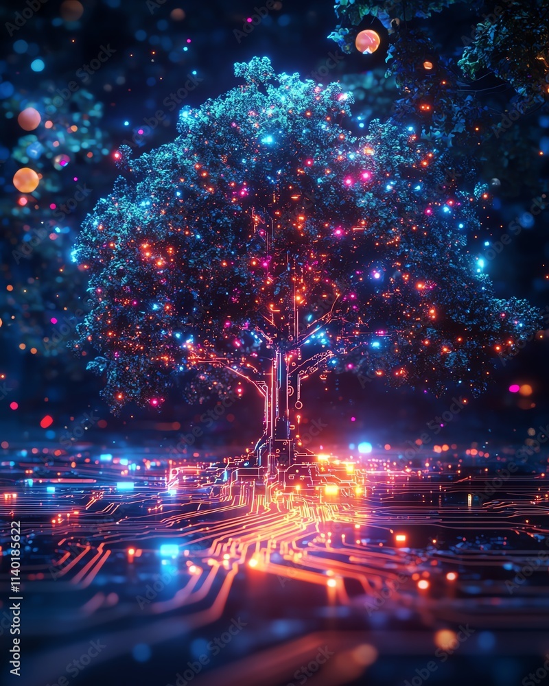 Poster a luminous digital tree with pulsating neon lights, embedded in a hightech circuit board, futuristic