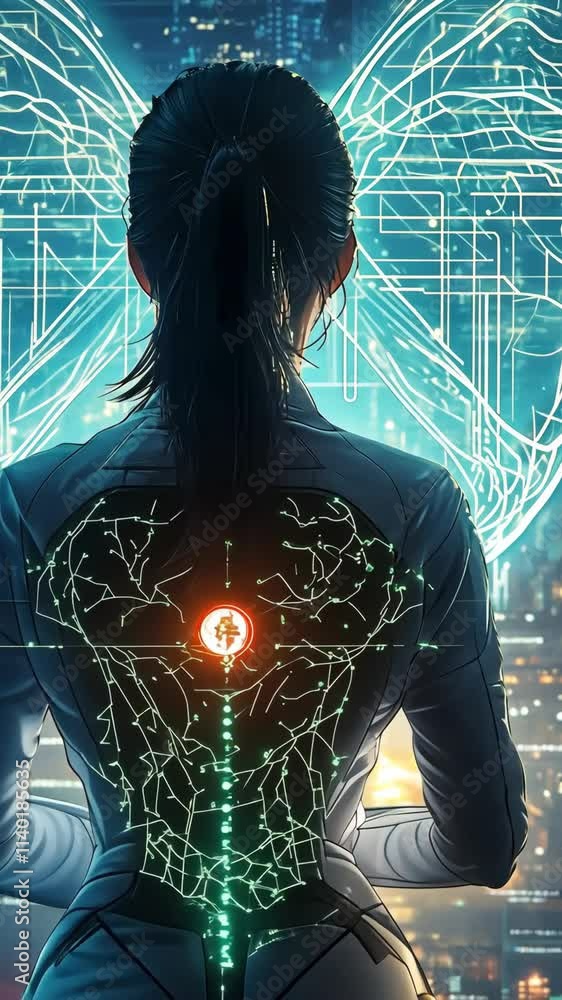 Poster futuristic figure stands in front of glowing cityscape with illuminated circuitry design on back