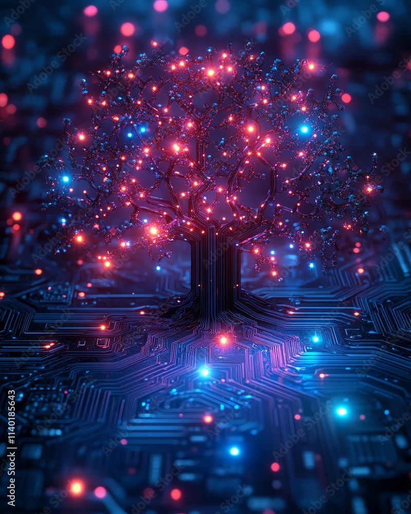 Poster a luminous digital tree with pulsating neon lights, embedded in a hightech circuit board, futuristic
