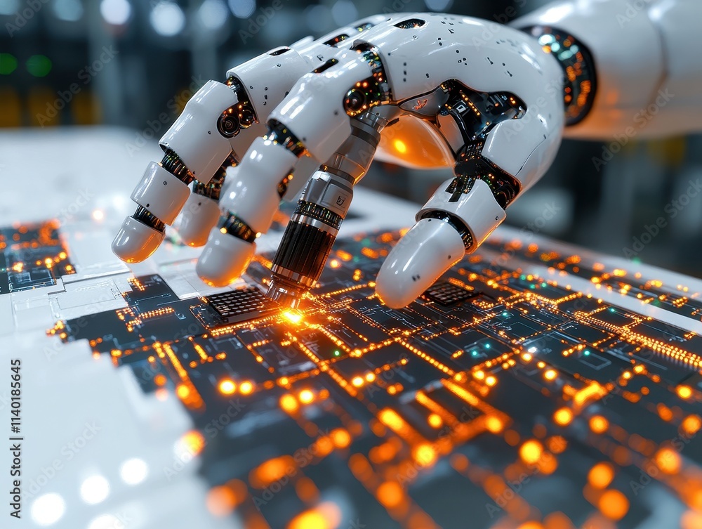 Poster a robotic hand manipulating a circuit board with glowing connections.