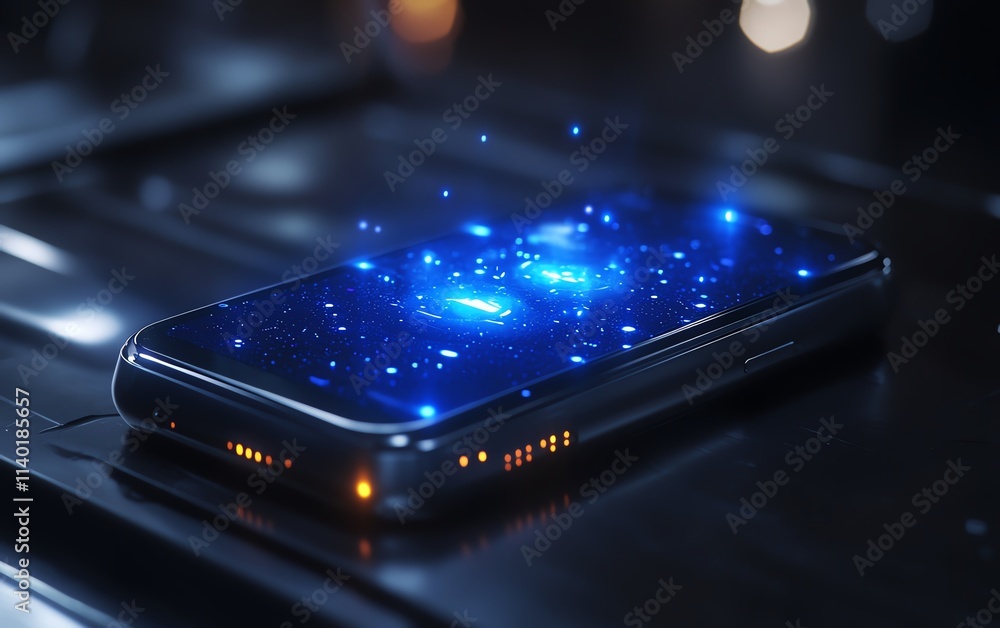 Poster a medium shot of a phone projecting a holographic ai assistant
