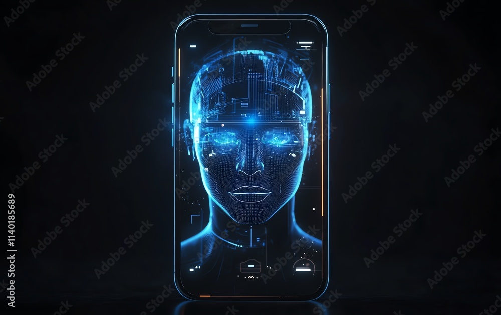 Poster a medium shot of a phone projecting a holographic ai assistant