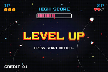 LEVEL UP. pixel art .8-bit game. Retro Futurism Sci-Fi Background. glowing neon grid. and stars from vintage arcade computer games