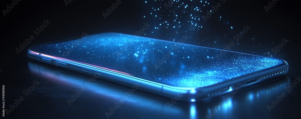 Poster a medium shot of a smartphone projecting a glowing holographic ai assistant, blending minimalist sty
