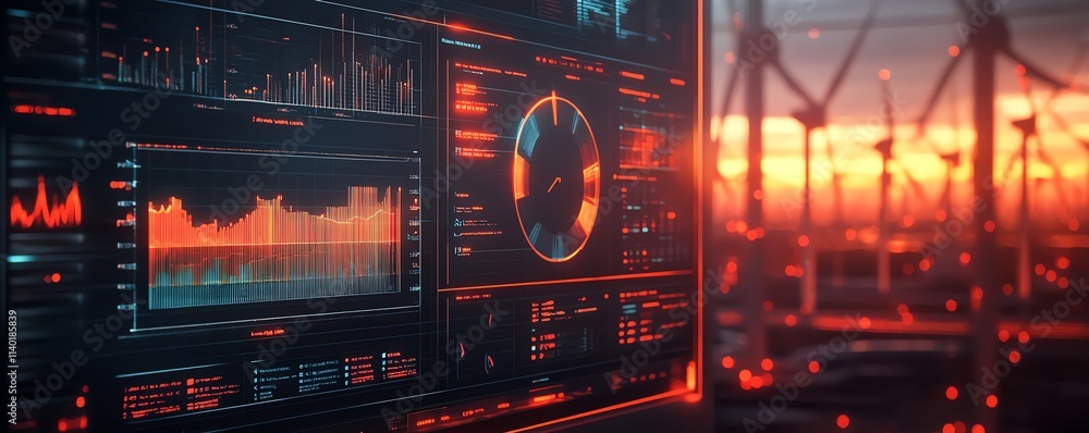 Poster A modern dashboard interface with wind energy analytics, glowing charts, interactive data visualizations, futuristic aesthetic, sharp details, 8K rendering