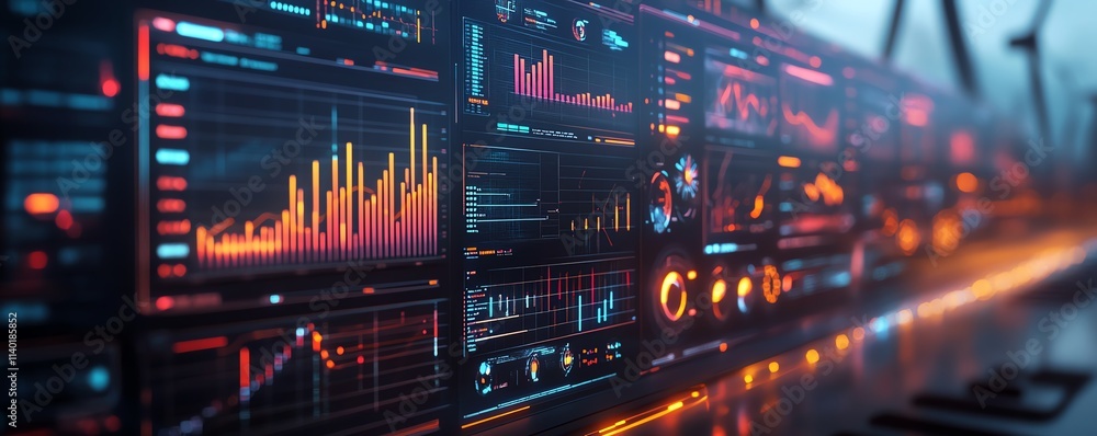 Poster A modern dashboard interface with wind energy analytics, glowing charts, interactive data visualizations, futuristic aesthetic, sharp details, 8K rendering