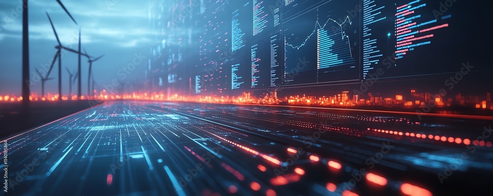 Poster A modern dashboard interface with wind energy analytics, glowing charts, interactive data visualizations, futuristic aesthetic, sharp details, 8K rendering