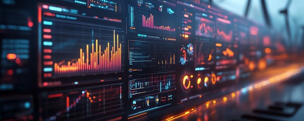 Obraz premium A modern dashboard interface with wind energy analytics, glowing charts, interactive data visualizations, futuristic aesthetic, sharp details, 8K rendering