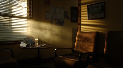 Sunlight streams through blinds illuminating a waiting room with two chairs and a table.