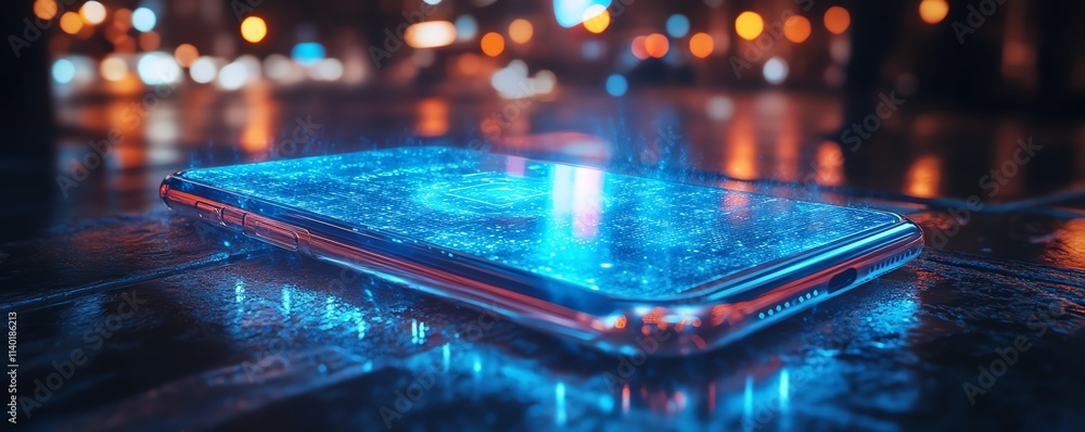 Aufkleber a phone in a medium shot projecting a holographic, glowing ai assistant, futuristic technology blend