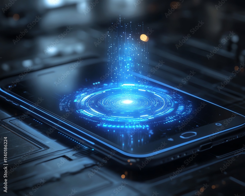 Aufkleber a phone in the center of the image projecting a glowing holographic ai assistant, minimalist design,