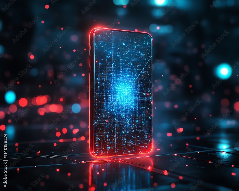 Aufkleber a phone in the center of the image projecting a glowing holographic ai assistant, minimalist design,