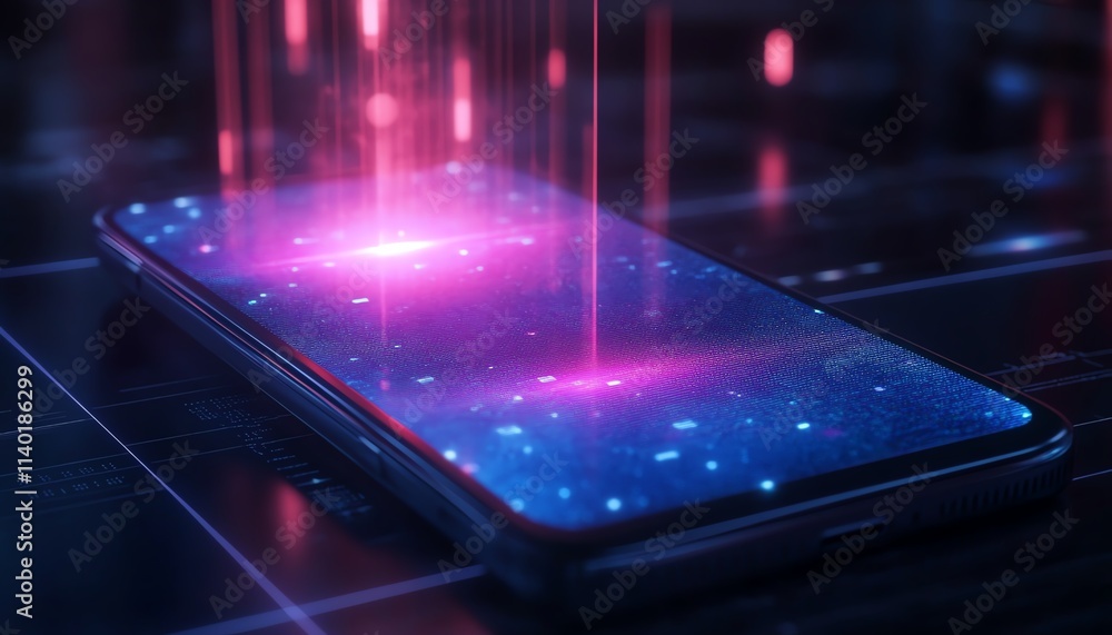 Poster a phone projecting a floating holographic ai assistant, blending advanced ai technology with a clean