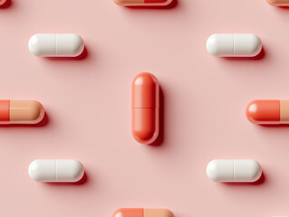 Close-up of a single red capsule surrounded by scattered red and white pills on pastel pink background
