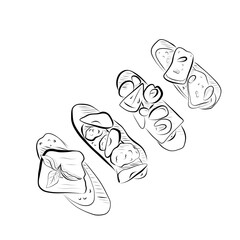 Line drawing. Line art food - Italian cuisine four bruschetta with eggs, tomatoes, cheese, etc. Vector minimalist design