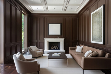 a brown painted living room with panelling. The tones are earthy, cozy. Scandi modern aesthetic, clean, minimal, quiet luxury.