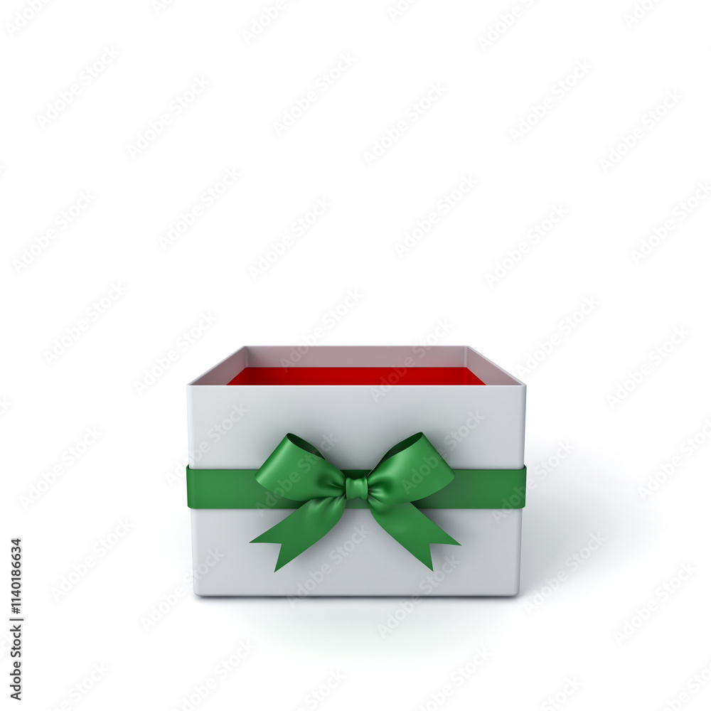Aufkleber blank white container gift box open or products display mockup present box showcase with green ribbo
